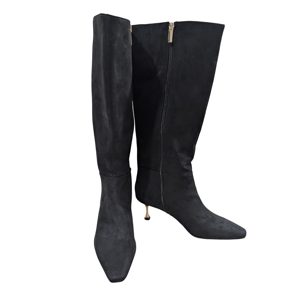 INC Teddiif Black Faux Suede Metallic Kitten Heel Pointed Toe Tall Boots 11M